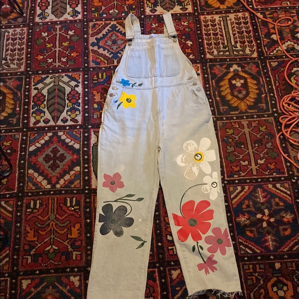Midlook Distressed Floral Painted Denim Overalls